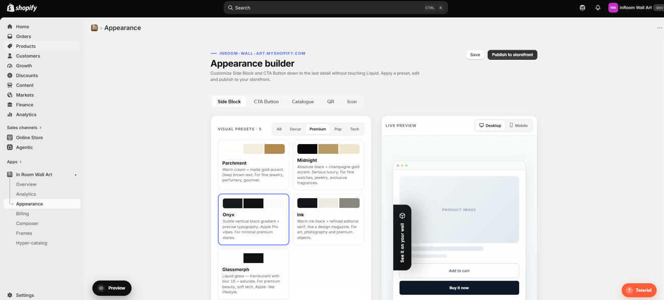 The appearance builder: tabs per element, style grid and live preview
