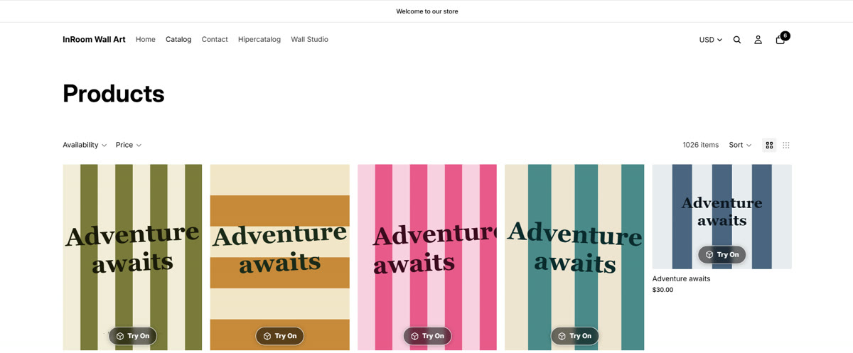 Collection page with the Try On button over every thumbnail and the Hypercatalogue and Wall Studio links in the header