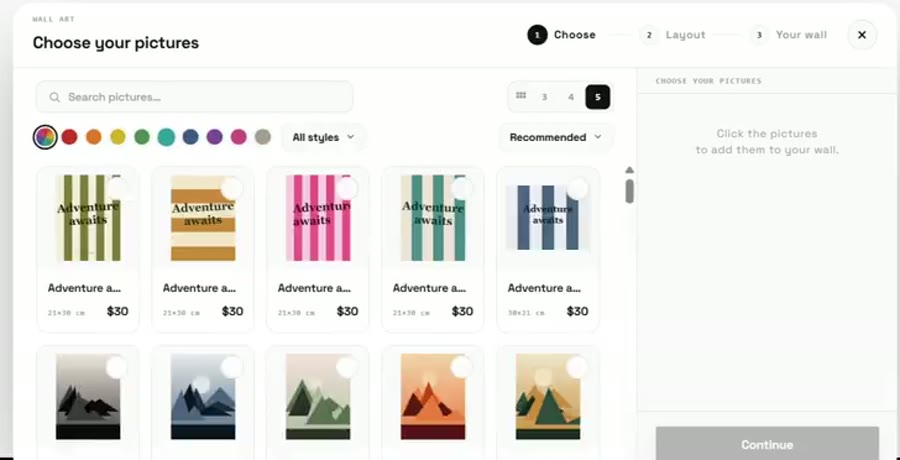 First step of the Composer: grid of artworks with search box and style filter