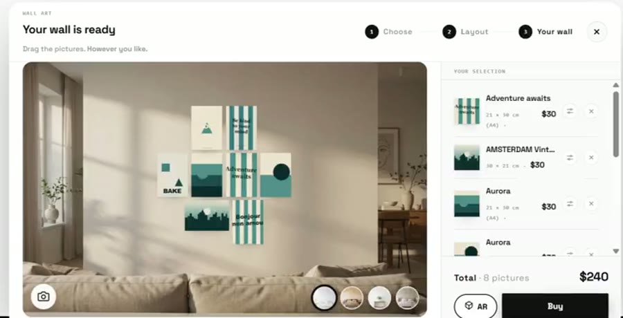 Third step of the Composer: the wall arranged over a living-room photo, with the total and the AR and buy buttons