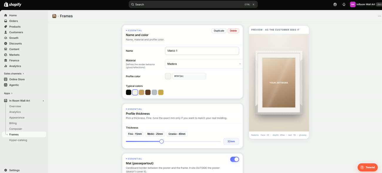 A frame's editor: name, material, profile colour and thickness, with the preview on the right