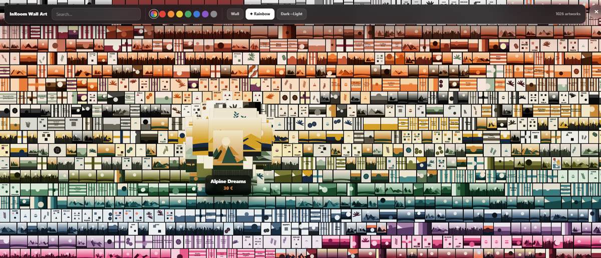 The hypercatalogue: one thousand and twenty-six pieces sorted by colour with the lens magnifying one of them