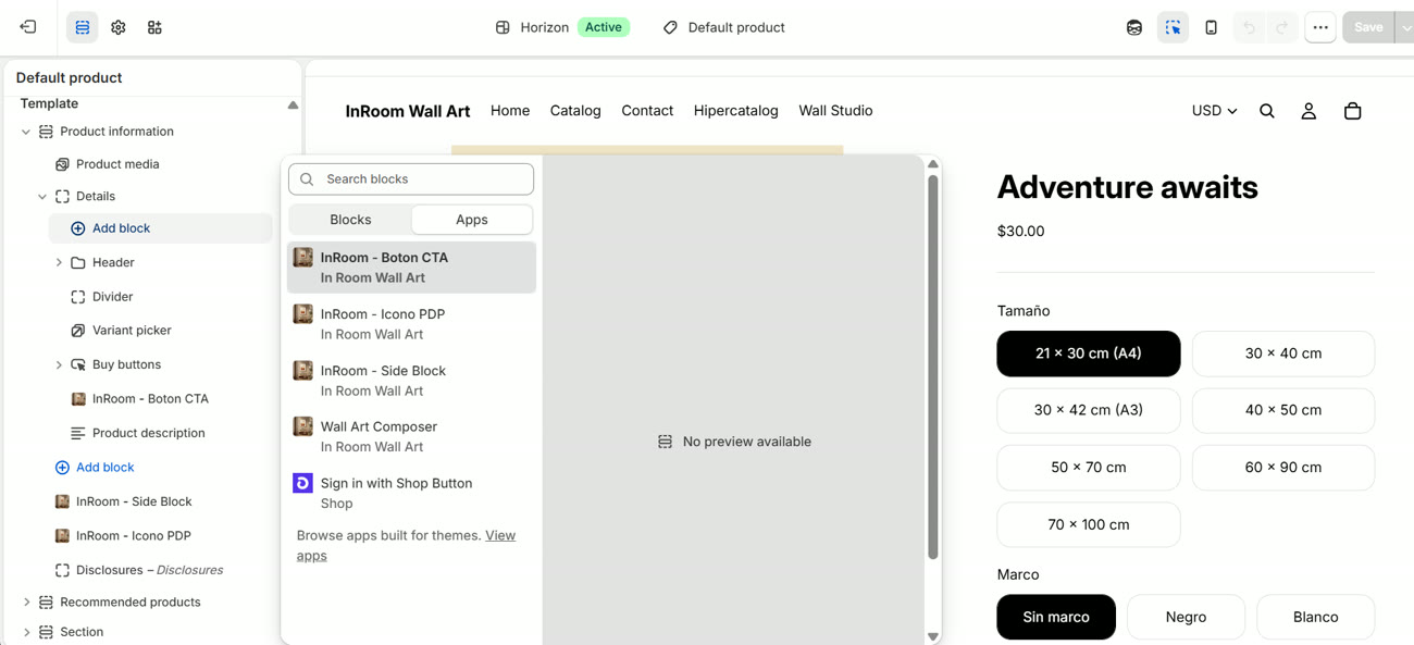 The add-block dialog, Apps tab, with the four InRoom blocks