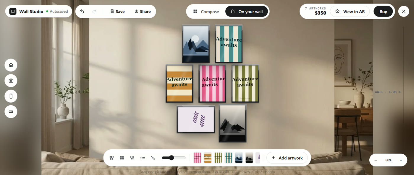The full-screen Wall Studio: seven pieces arranged over a living-room photo, with the wall measurement and the toolbar
